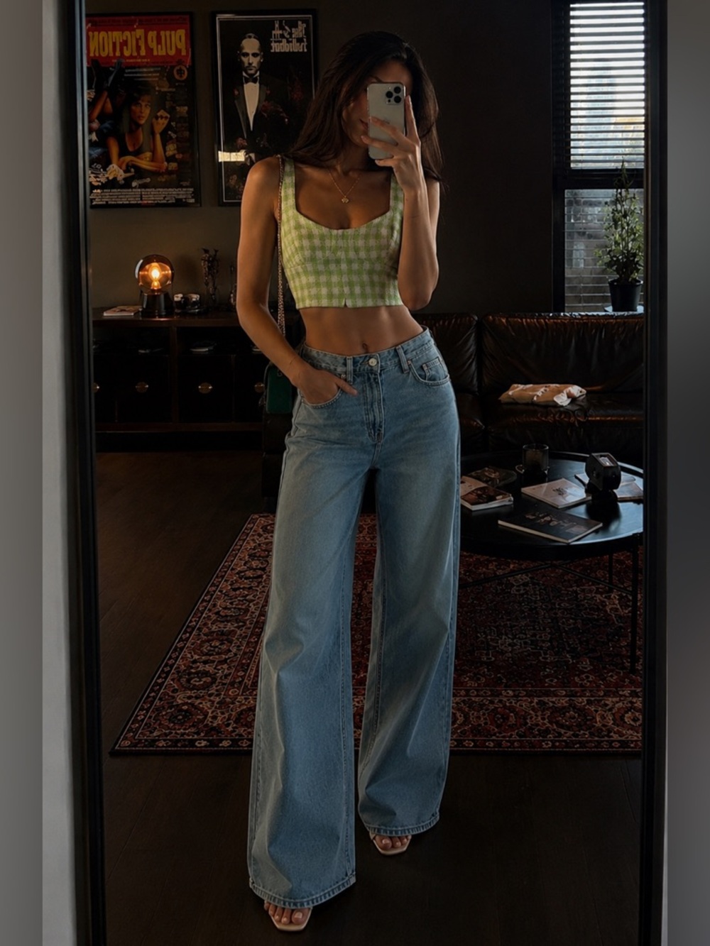 New Zara XS Gingham Tweed Cropped Bustier Tank Top Green